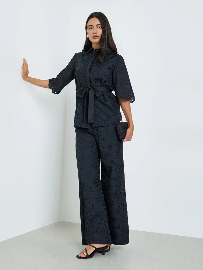 Styli Black Belted Schiffli Shirt and Pants Set