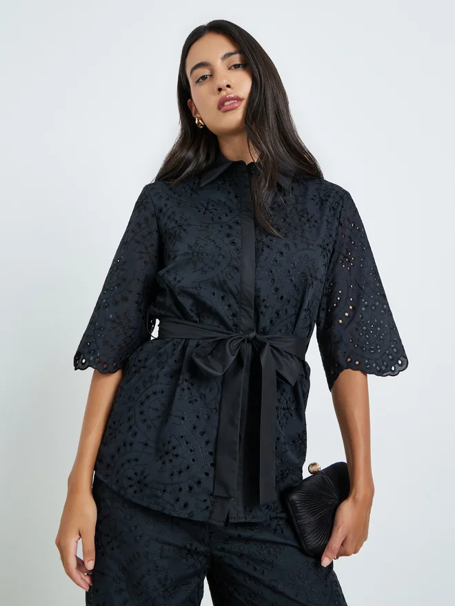 ستايلي Styli Black Belted Schiffli Shirt and Pants Set