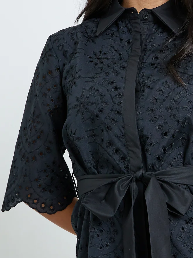 Styli  Styli Black Belted Schiffli Shirt and Pants Set for Women | Best Price UAE
