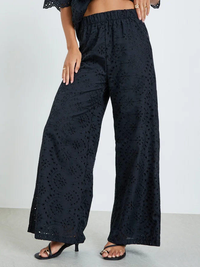 Styli  Styli Black Belted Schiffli Shirt and Pants Set for Women | Best Price UAE