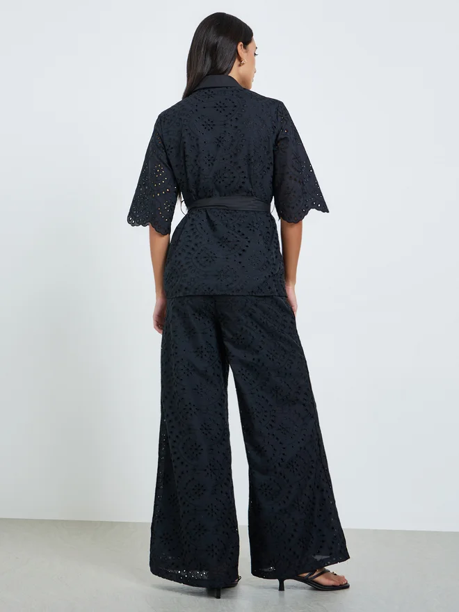 Styli  Styli Black Belted Schiffli Shirt and Pants Set for Women | Best Price UAE
