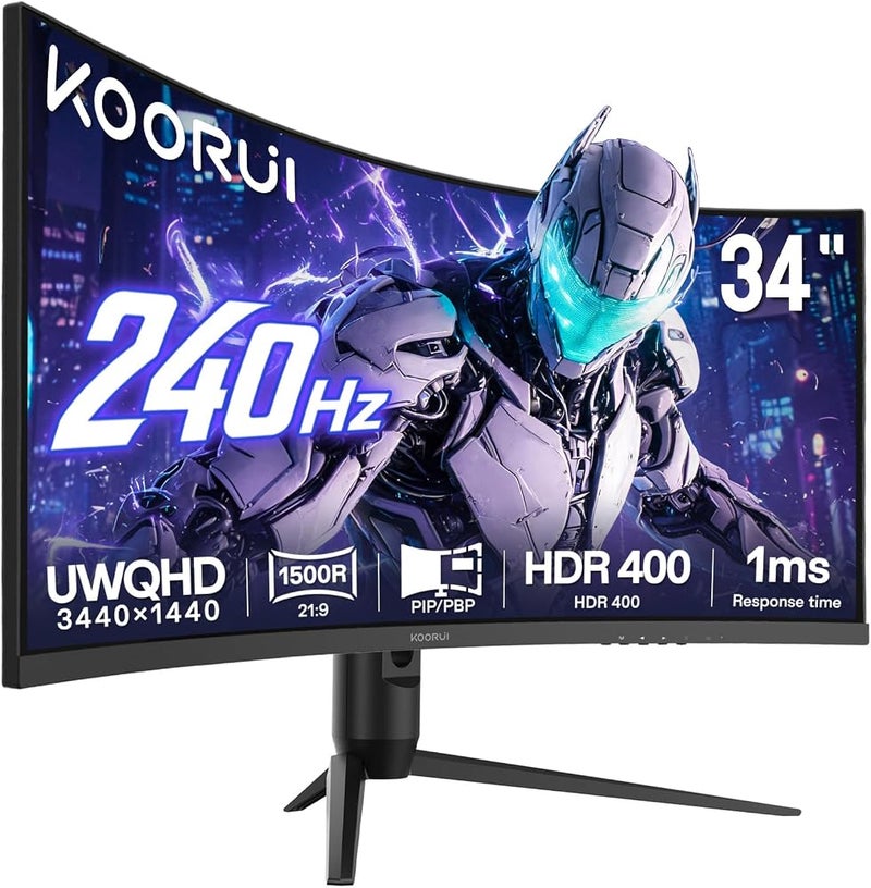 KOORUI 34 Inch 240Hz Ultrawide Curved Gaming Monitor, WQHD 3440×1440, 1500R, HDR400, PIP/PBP, 90% DIC-P3, Adaptive Sync, HDMI 2.1/DP 1.4, Tilt/Swivel/Height Adjustable, VESA for PC Gaming, Work & Play - Image 1