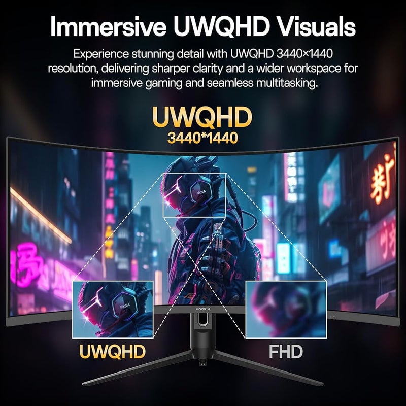 KOORUI 34 Inch 240Hz Ultrawide Curved Gaming Monitor, WQHD 3440×1440, 1500R, HDR400, PIP/PBP, 90% DIC-P3, Adaptive Sync, HDMI 2.1/DP 1.4, Tilt/Swivel/Height Adjustable, VESA for PC Gaming, Work & Play - Image 4