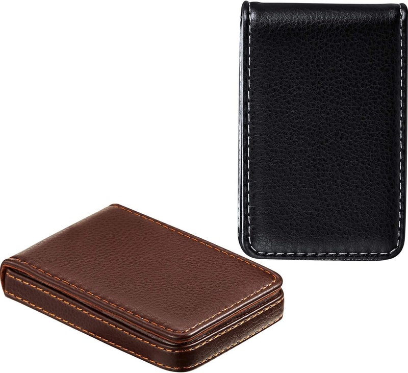 Outus 2 Pieces Business Card Holder, PU Leather Business Card Case Pocket Wallet with Magnetic Shut for Valentines Gift Men Women(Black and Coffee,Classic) - Image 4