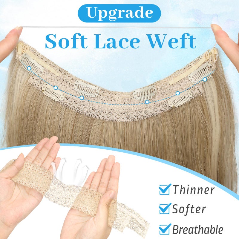KooKaStyle Invisible Wire Hair Extensions Long Straight Layered Synthetic with Transparent Headband Adjustable Size 6 Secure Clips Hairpieces for Women(20 Inch, H1860A#Beige Blonde) - Image 2