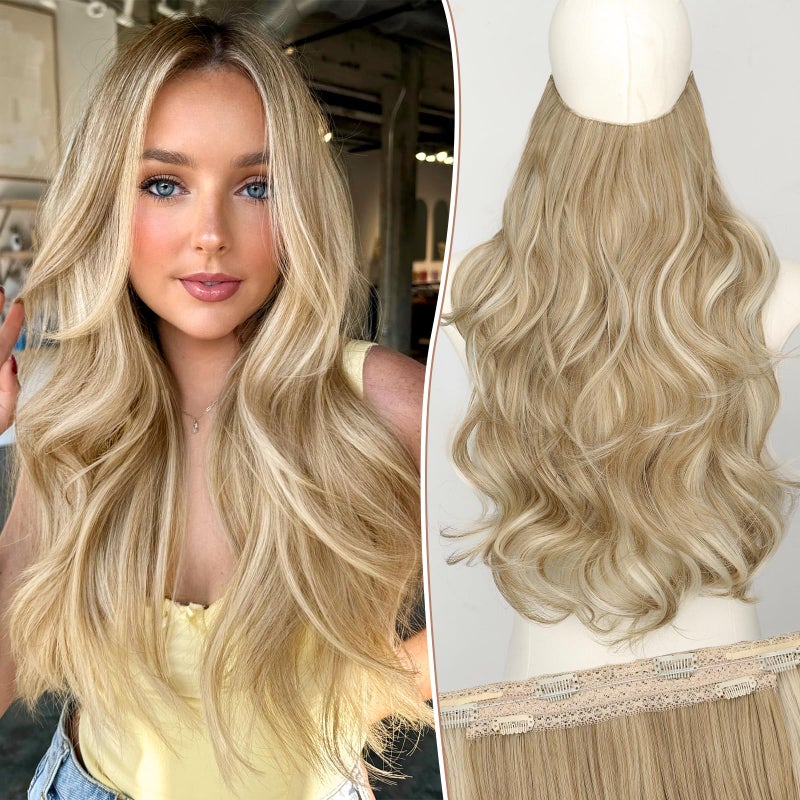 KooKaStyle Invisible Wire Hair Extensions Long Straight Layered Synthetic with Transparent Headband Adjustable Size 6 Secure Clips Hairpieces for Women(20 Inch, H1860A#Beige Blonde) - Image 1