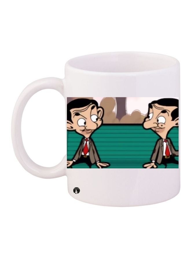 RYN Mr. Bean Printed Coffee Mug White/Green/Beige 11ounce