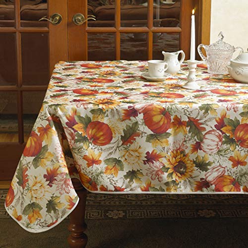 Violet Linen European Fall Harvest Pumpkins and Autumn Leaves Printed Tablecloth - 52" x 70" - Image 2