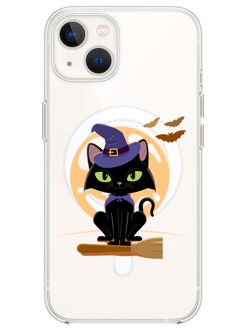 Theodor Magnetic Case for iPhone 14 6.1-inch Compatible with MagSafe Wireless Charging, Shockproof Phone Bumper Cover Cat Halloween with broom - Image 1
