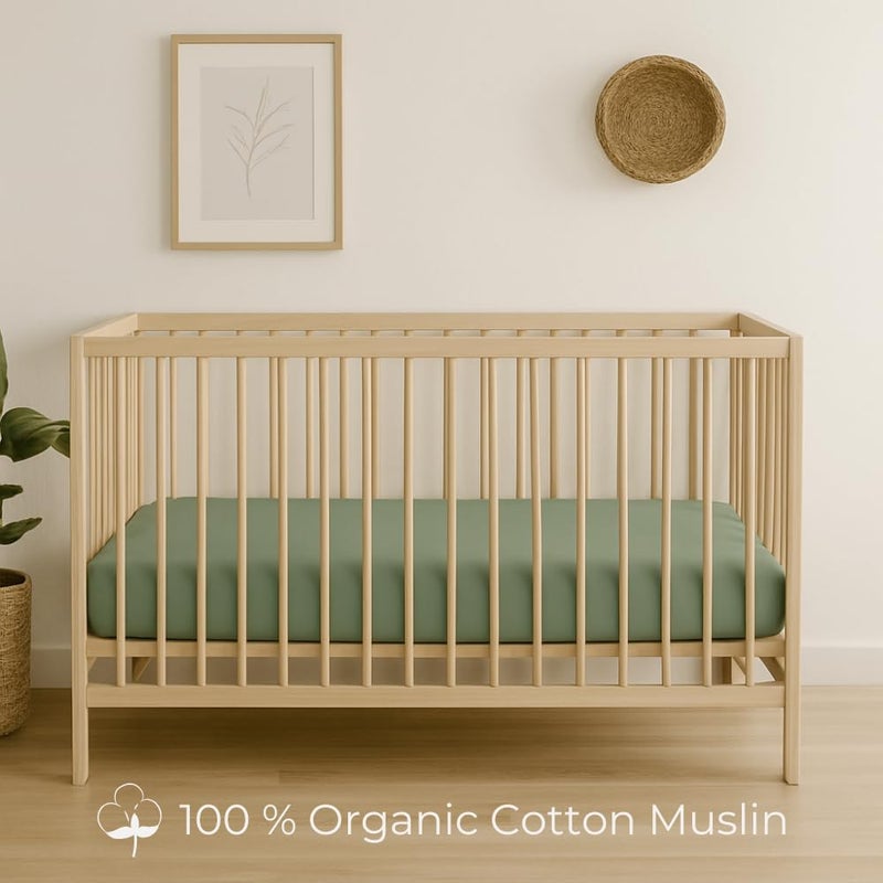 Nora's Nursery Muslin Crib Sheets - 100% Organic Cotton Crib Sheets - Fits Standard Crib and Toddler Bed Mattress Size - Breathable & Fitted Crib Sheet for Baby Girl & Boy - Sage Green - Image 3