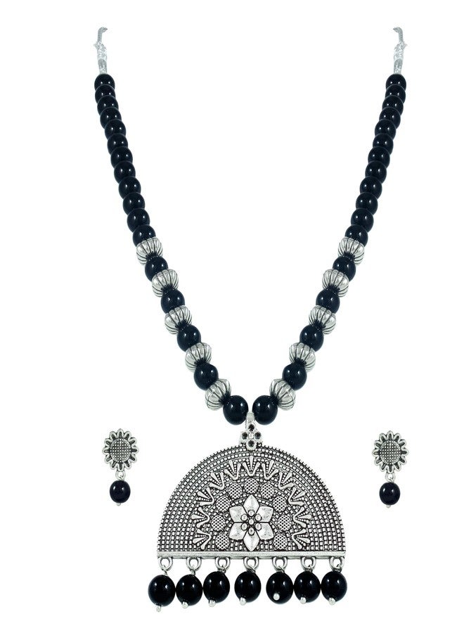 JFL- Jewellery for Less Oxidised Silver Look Black Beaded Necklace Set with Half Moon Pendant and Matching Earrings for Women and Girls - Image 3