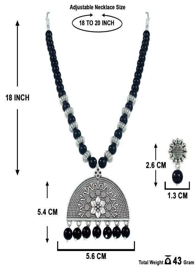 JFL- Jewellery for Less Oxidised Silver Look Black Beaded Necklace Set with Half Moon Pendant and Matching Earrings for Women and Girls - Image 5