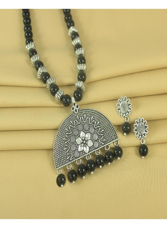 JFL- Jewellery for Less Oxidised Silver Look Black Beaded Necklace Set with Half Moon Pendant and Matching Earrings for Women and Girls - Image 2