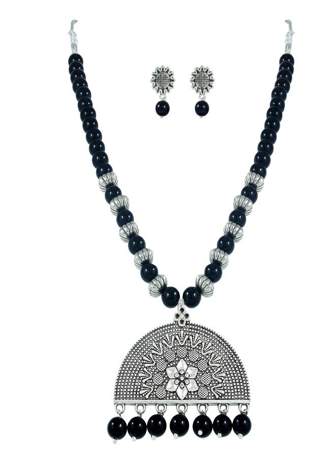 JFL- Jewellery for Less Oxidised Silver Look Black Beaded Necklace Set with Half Moon Pendant and Matching Earrings for Women and Girls - Image 4