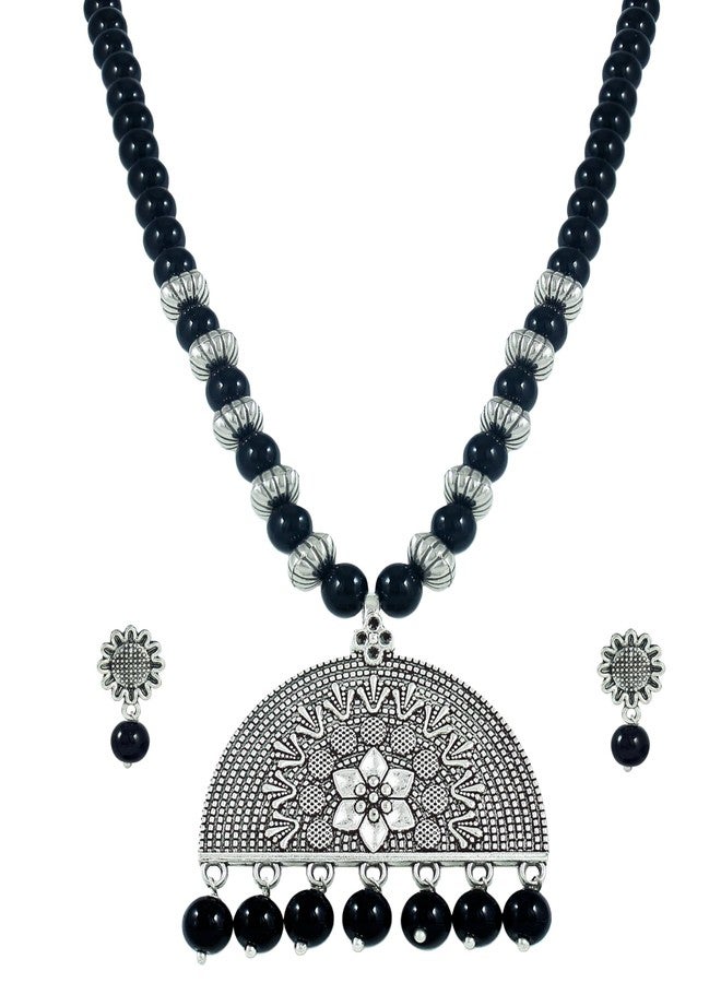 JFL- Jewellery for Less Oxidised Silver Look Black Beaded Necklace Set with Half Moon Pendant and Matching Earrings for Women and Girls - Image 1