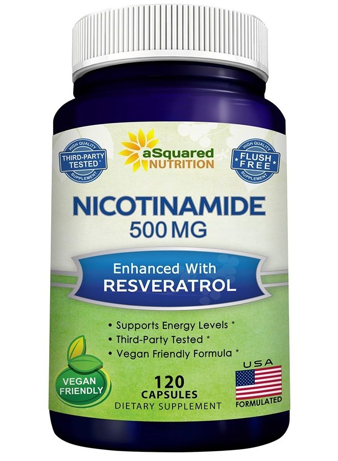 aSquared Nutrition Nicotinamide with Resveratrol - 120 Veggie Capsules - Vitamin B3 500mg (Niacinamide Flush Free) - Supplement Pills to Support NAD, Skin Cell Health & Energy - Image 1