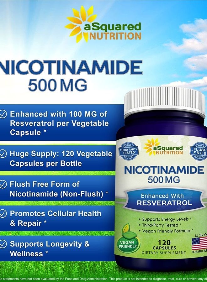 aSquared Nutrition Nicotinamide with Resveratrol - 120 Veggie Capsules - Vitamin B3 500mg (Niacinamide Flush Free) - Supplement Pills to Support NAD, Skin Cell Health & Energy - Image 2