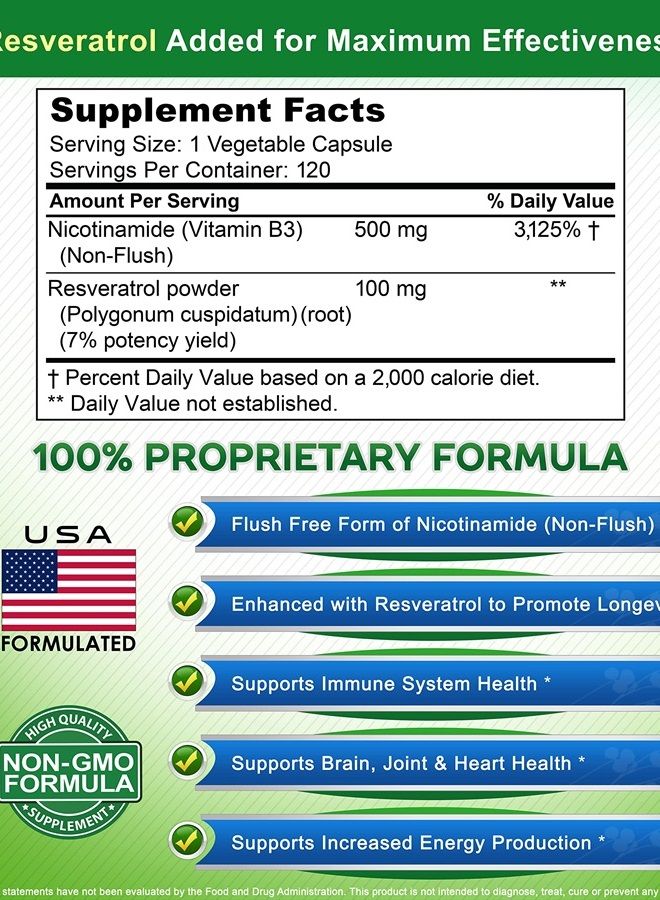 aSquared Nutrition Nicotinamide with Resveratrol - 120 Veggie Capsules - Vitamin B3 500mg (Niacinamide Flush Free) - Supplement Pills to Support NAD, Skin Cell Health & Energy - Image 4