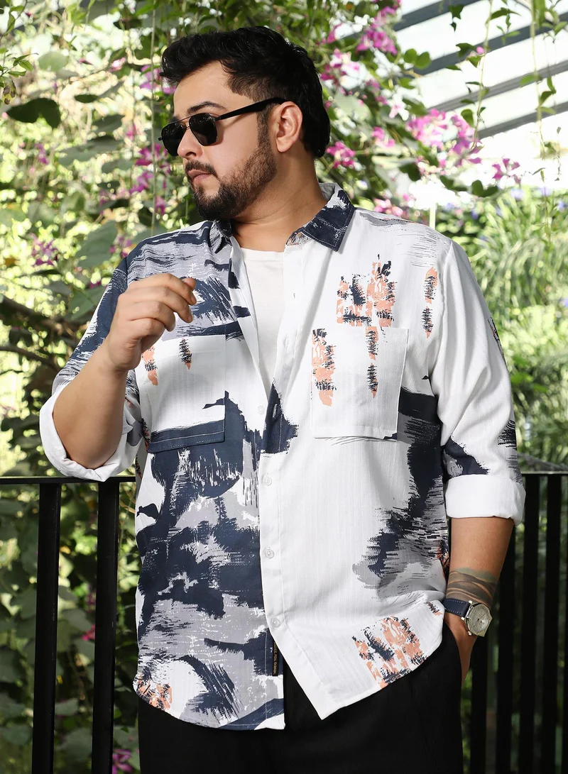 Men Ethereal-Strokes Relaxed Shirt | Spread Collar, Long Button-Cuff Sleeves | Button Closure, Curved Hem | Abstract Print Woven Fabric For Plus Size Casual & Daily Wear | Blue & Cream