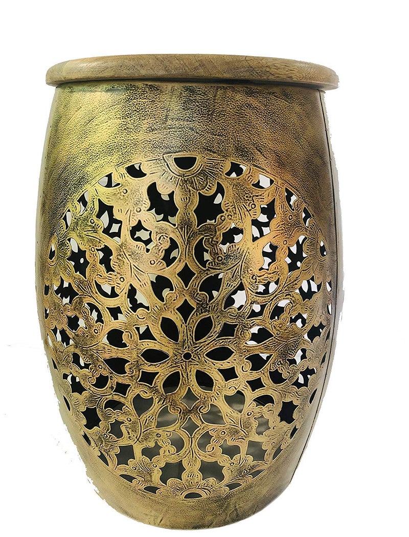 pranjals house pranjals house Hand Painted Beautiful Stool Home DecorFloor DecorTable DecorDecorationMudda Gold 12 Inch - Image 1