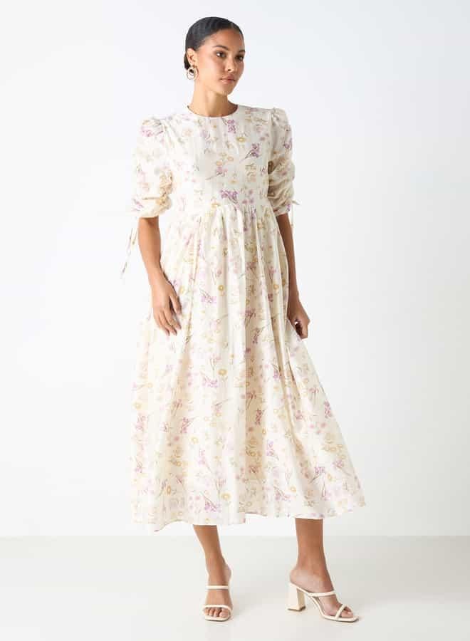 2Xtremz Floral Print Midi Dress with Round Neck and Tie-Up Detail - Image 1