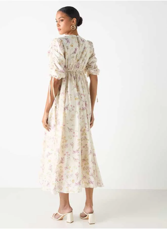 2Xtremz 2Xtremz Floral Print Midi Dress with Round Neck and Tie-Up Detail