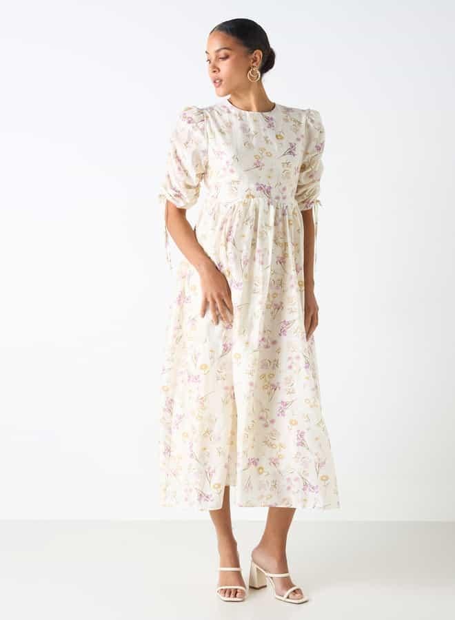 2Xtremz Floral Print Midi Dress with Round Neck and Tie-Up Detail - Image 2