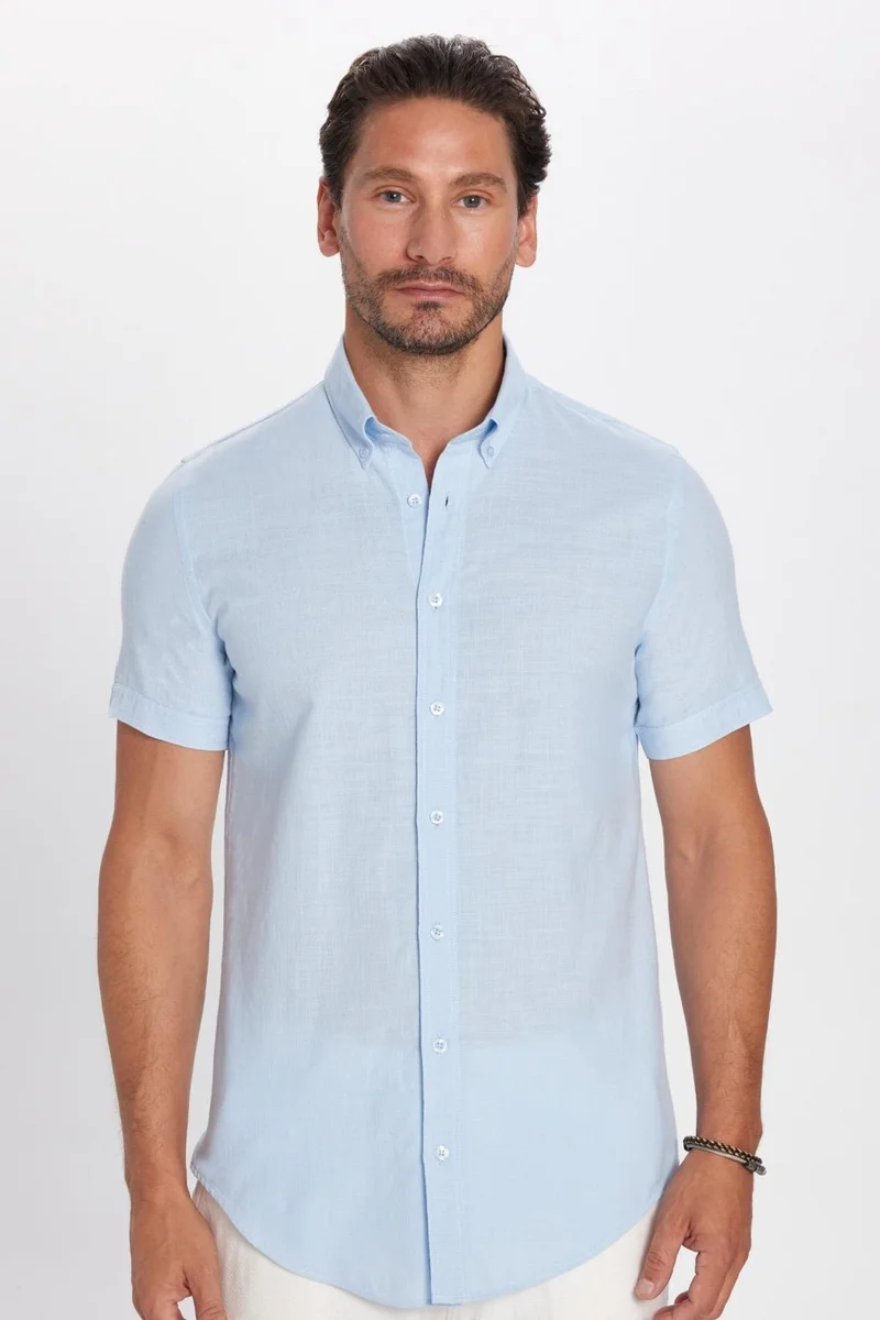 Tudors Slim Fit Short Sleeve Button Collar Plain Summer Linen Effect Blue Men's Shirt