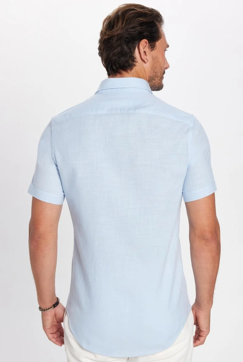 Tudors Slim Fit Short Sleeve Button Collar Plain Summer Linen Effect Blue Men's Shirt