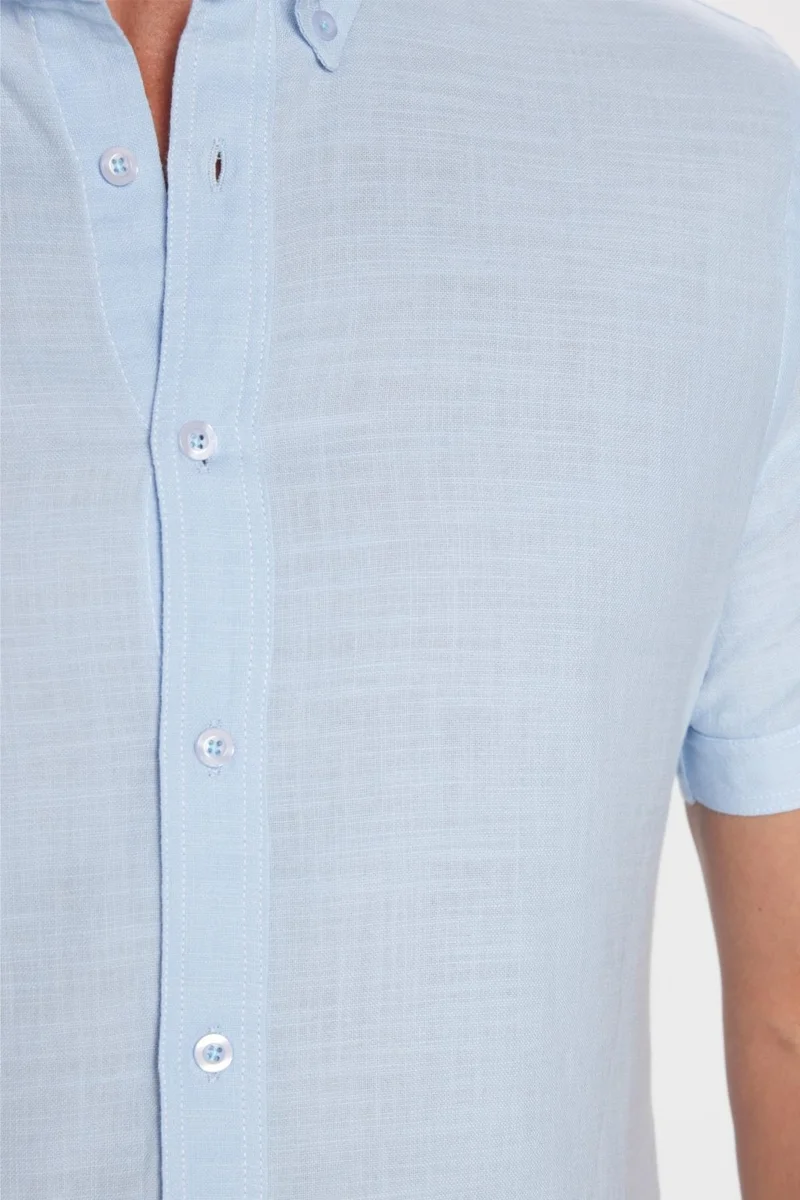 Tudors Slim Fit Short Sleeve Button Collar Plain Summer Linen Effect Blue Men's Shirt