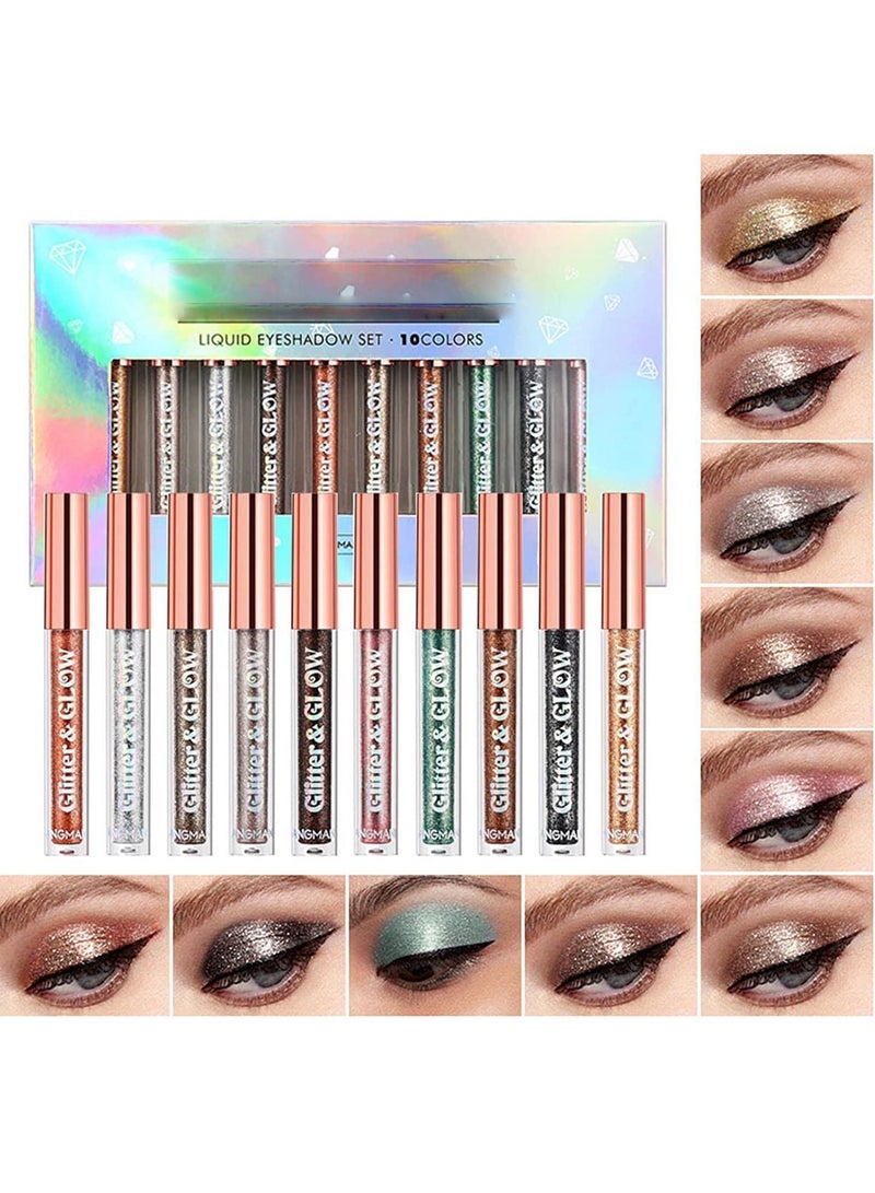 SYOSI Liquid Glitter Eyeshadow Set Metallic Glitter Shimmer Smokey Eye Looks Waterproof Long Lasting Quick Drying Sparkling Eye Shadow Makeup Kits 10 Colors - Image 1
