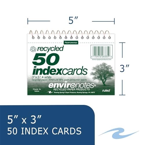 Roaring Spring بطاقات فهرسة مع حلقة سلكية قابلة لإعادة التدوير 3"x5"، 50 قطعة، ورق أبيض 100#، مسطرة ضيقة، مثقبة، فارغة من الخلف، مقاومة للتمزق (عبوة من 1) - Image 2