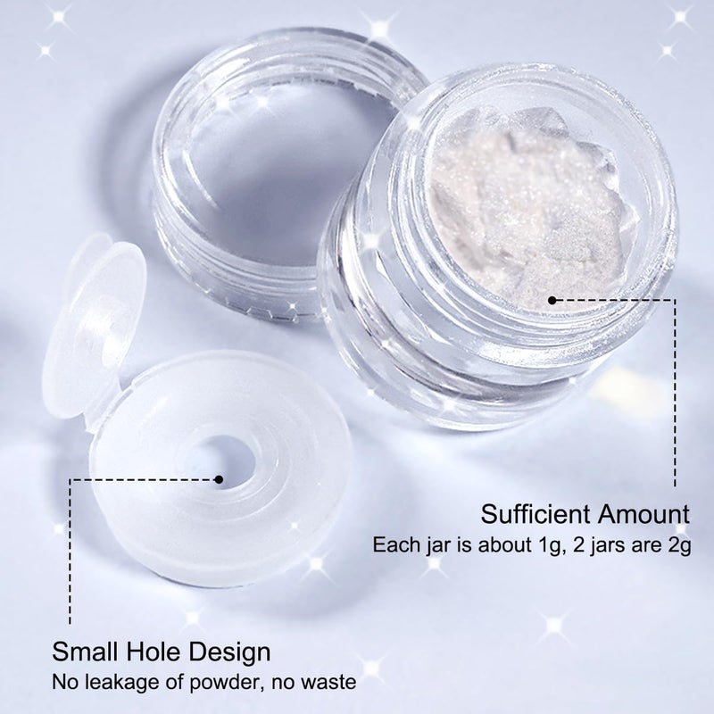 Fokostar 2Pcs Moonlight White Chrome Nail Powder, Aurora Pearl Chrome Nail Powder Magic Clear Pearlescent Mirror Effect Holographic Nail Glitter White Shimmer Sugar Pigment Dust for Nails Art Design 1g/Jar - Image 5