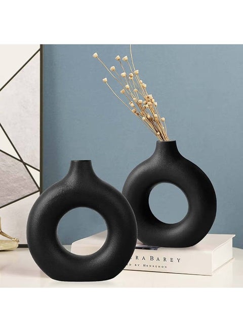 Black rough Vase Set of 2, Round Hollow Matte Donut Flower Vases, Modern Boho Pampas Grass Decorative Vase for Wedding, Living Room, Office, Entrance, Mantle, Dining Table, Shelf Decoration Vase (without flowers)