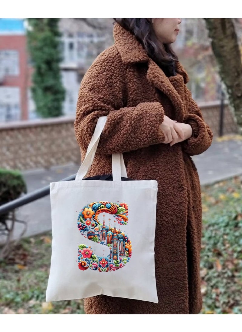 PRINTSHOP4ME - Initial Monogram Tote Bag - Cotton Tote with Initial Design Printed - Perfect for School, Travel and Birthday Gift - Eco-Friendly Canvas Cotton Tote Bag for Women - Gift for Ramadan - Image 1