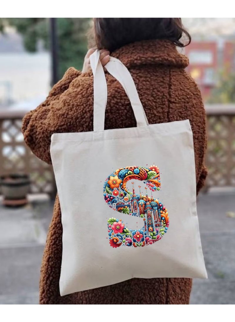 PRINTSHOP4ME - Initial Monogram Tote Bag - Cotton Tote with Initial Design Printed - Perfect for School, Travel and Birthday Gift - Eco-Friendly Canvas Cotton Tote Bag for Women - Gift for Ramadan - Image 1