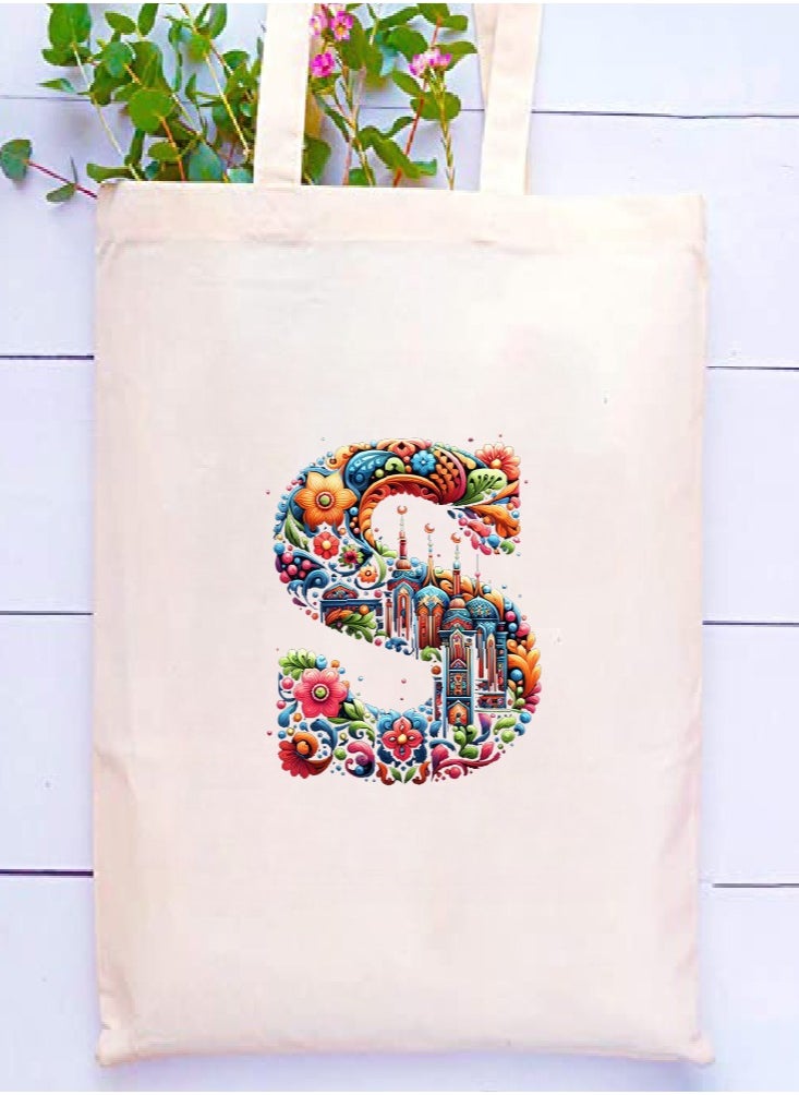 PRINTSHOP4ME - Initial Monogram Tote Bag - Cotton Tote with Initial Design Printed - Perfect for School, Travel and Birthday Gift - Eco-Friendly Canvas Cotton Tote Bag for Women - Gift for Ramadan - Image 1