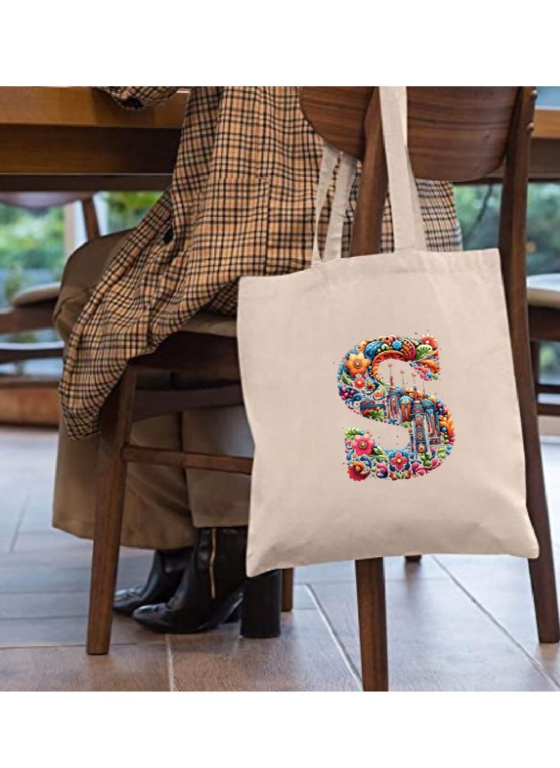 PRINTSHOP4ME - Initial Monogram Tote Bag - Cotton Tote with Initial Design Printed - Perfect for School, Travel and Birthday Gift - Eco-Friendly Canvas Cotton Tote Bag for Women - Gift for Ramadan - Image 1