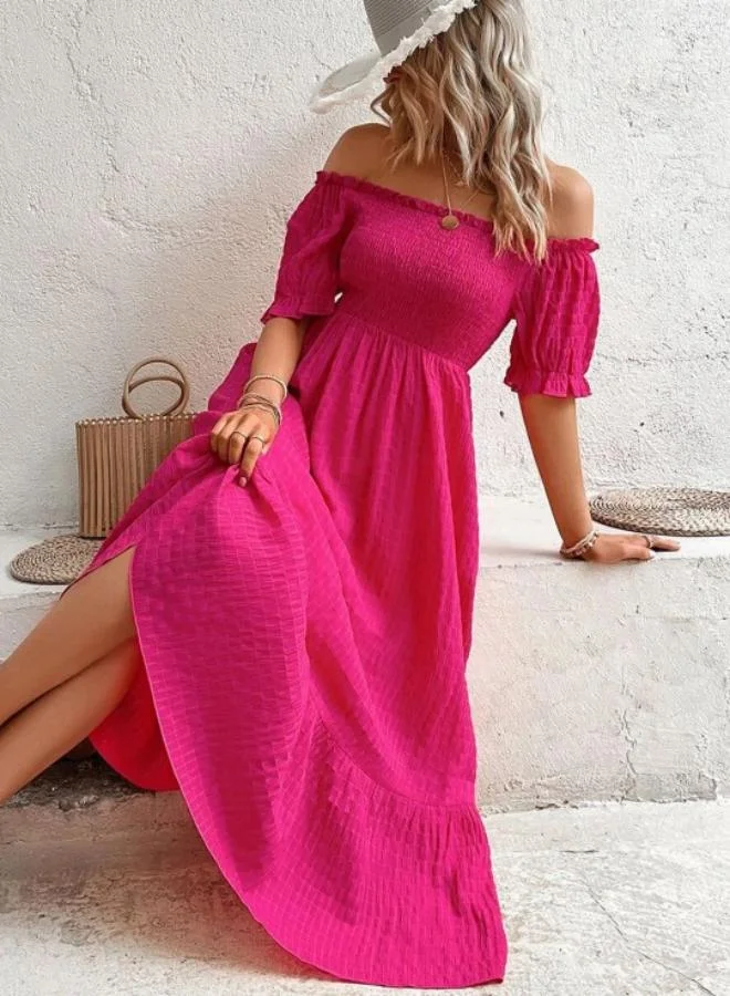 يونيكي Pink Off-Shoulder Puff Sleeves Cotton Fit and Flare Midi Dress