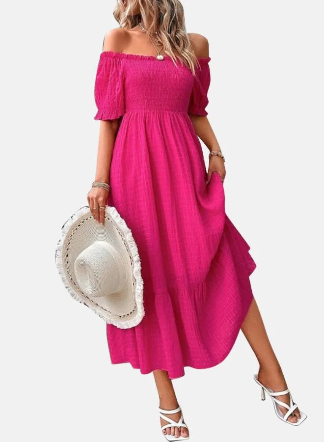 يونيكي Pink Off-Shoulder Puff Sleeves Cotton Fit and Flare Midi Dress