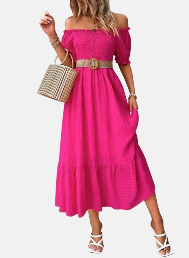 يونيكي Pink Off-Shoulder Puff Sleeves Cotton Fit and Flare Midi Dress