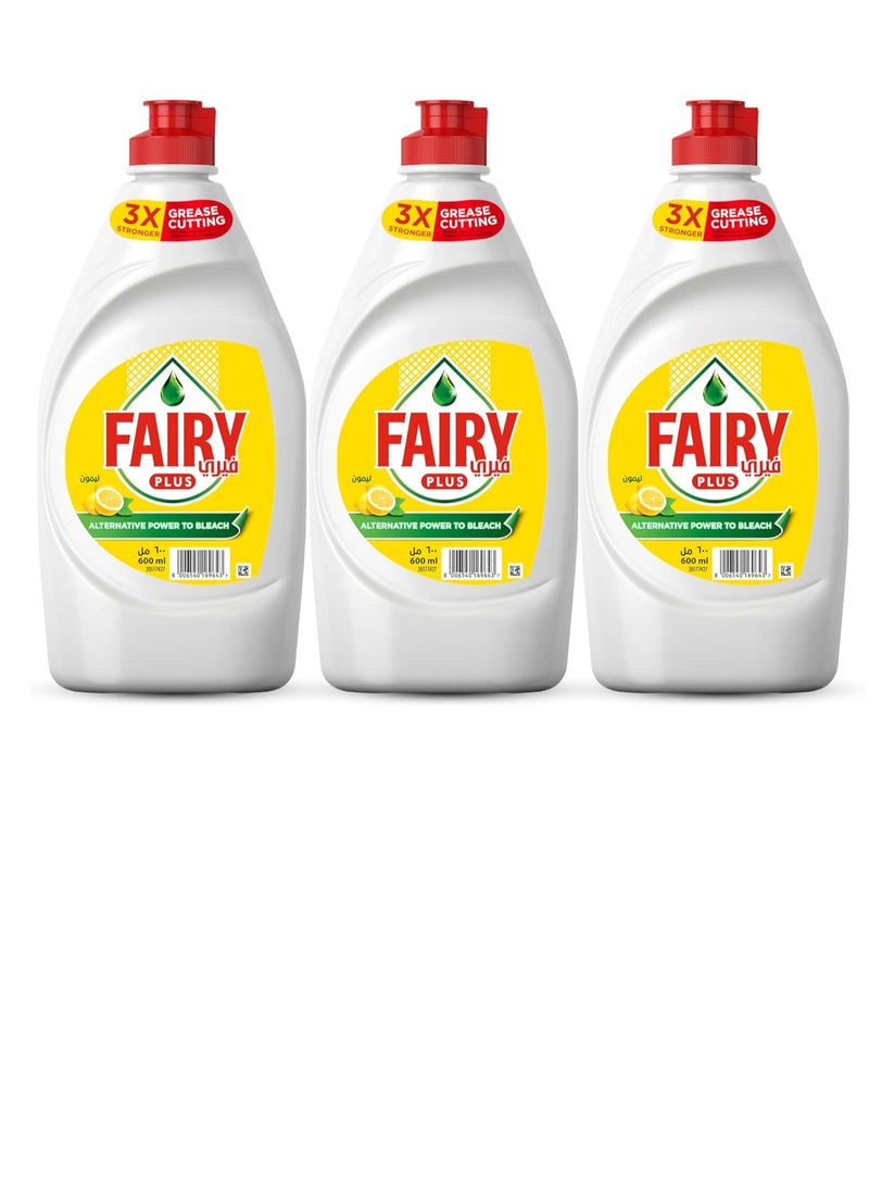 Fairy Plus Lemon Dishwashing Liquid Soap, With Alternative Power To Bleach, 3x600ml - Image 1