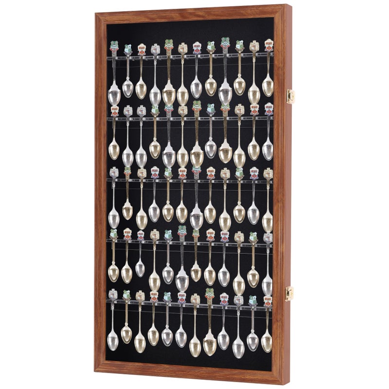 DisplayGifts 60 Souvenir Spoon Tea Spoon Display Case Rack Holder Wall Cabinet UV Protection Lockable Walnut Finish