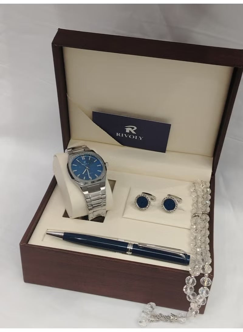 Rivoli Men's Gift Set includes a wristwatch, pen, cufflinks, and crystal rosary.