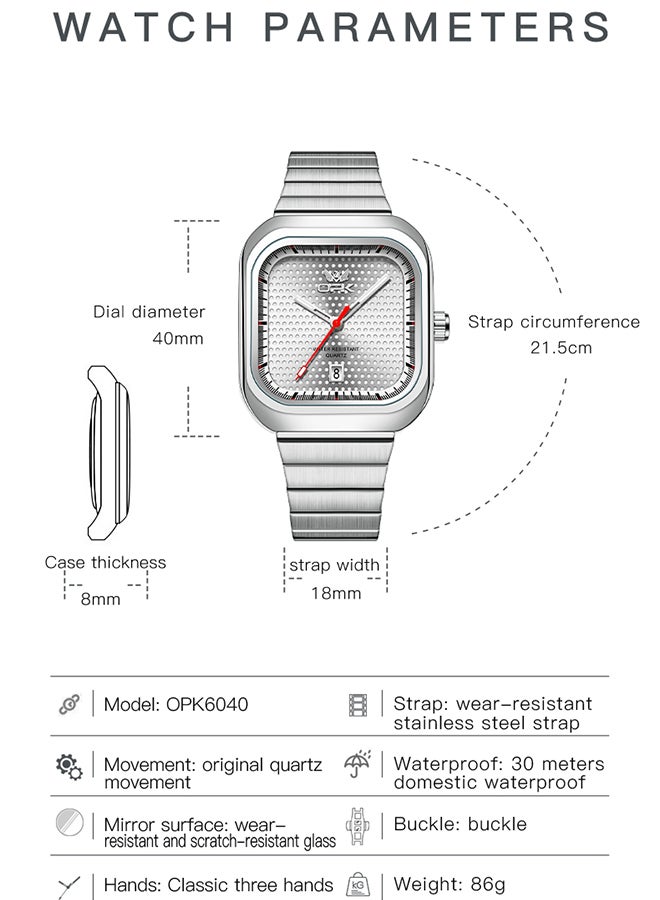 Opk Stylish Square Steel Strap Men'S Watch, Luminous And Waterproof, Single Calendar Quartz Watch, 6041 Steel Strap, Natural White. - Image 3