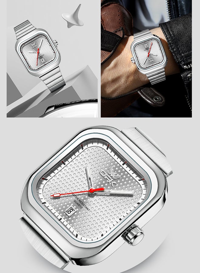 Opk Stylish Square Steel Strap Men'S Watch, Luminous And Waterproof, Single Calendar Quartz Watch, 6041 Steel Strap, Natural White. - Image 5