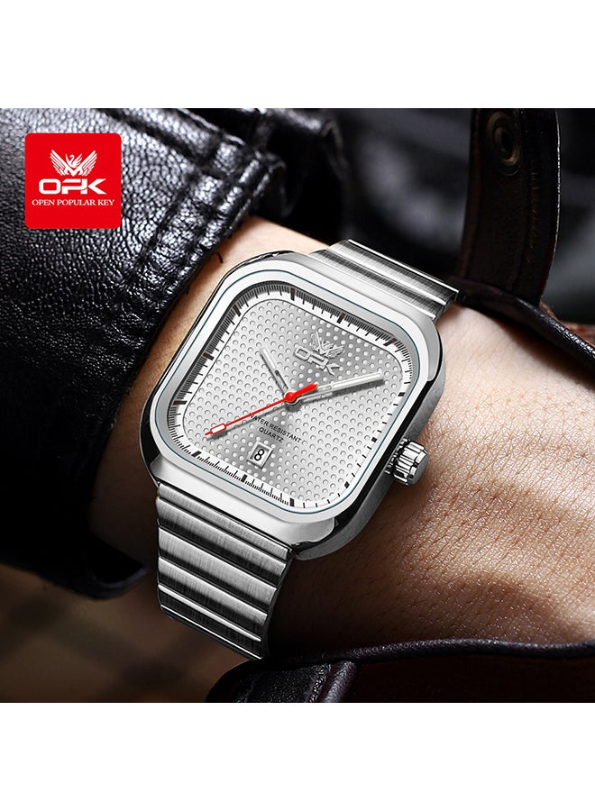 Opk Stylish Square Steel Strap Men'S Watch, Luminous And Waterproof, Single Calendar Quartz Watch, 6041 Steel Strap, Natural White. - Image 1