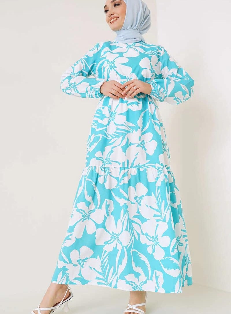 Cotton printed long dress,comfortable to wear, turquoise  - Image 1