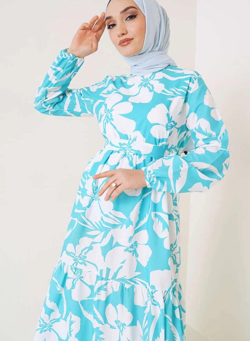 Cotton printed long dress,comfortable to wear, turquoise  - Image 2