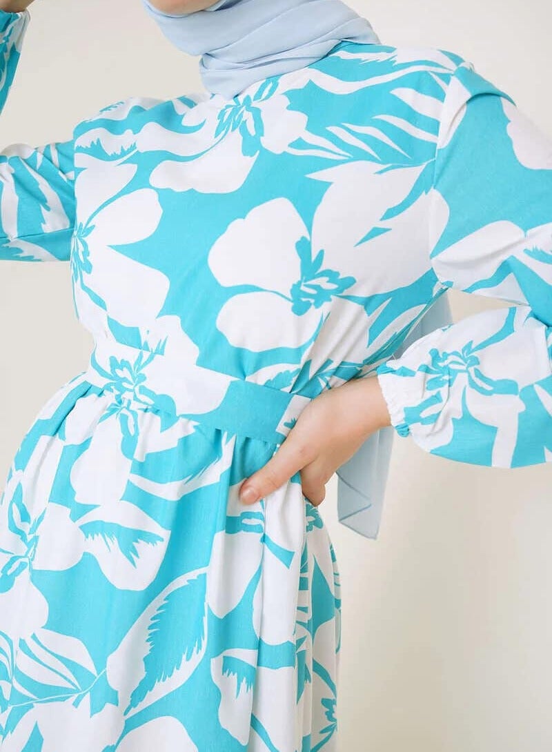 Cotton printed long dress,comfortable to wear, turquoise  - Image 3
